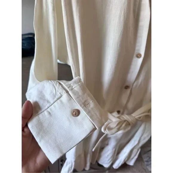 Zara Linen Blend Belted Shirt Dress in Ecru Size Medium - Picture 5 of 11